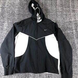Nike Jacket Kids‎ Large 12-14 Black White Hooded Full Zip Running Windbreaker
